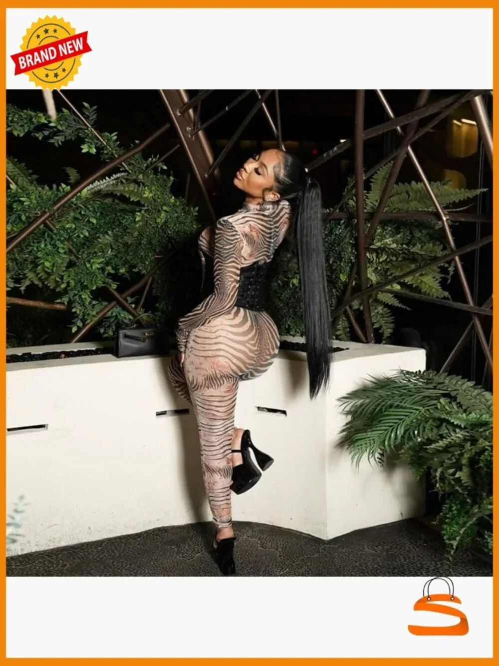 Long Sleeve Zebra Print Sheer Bodycon Jumpsuit for Women